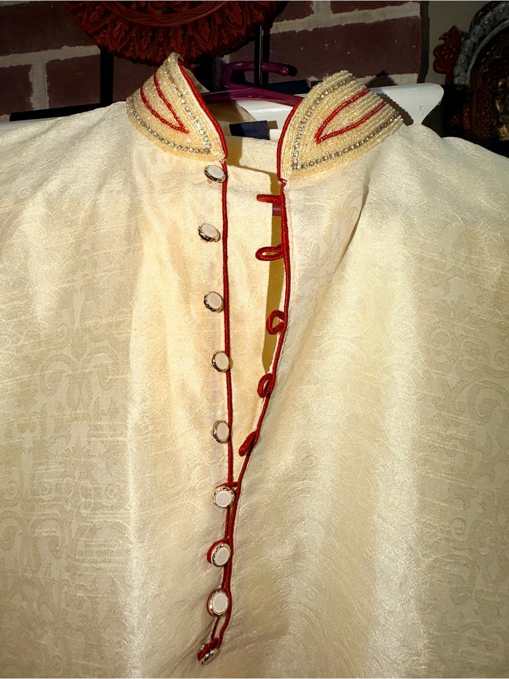 Men's Ivory Embroidered Nehru Jacket with Red Piping